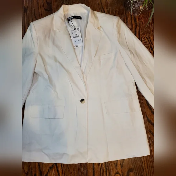 Zara Ecru Linen Blend Belted One Button Blazer - Picture 9 of 16